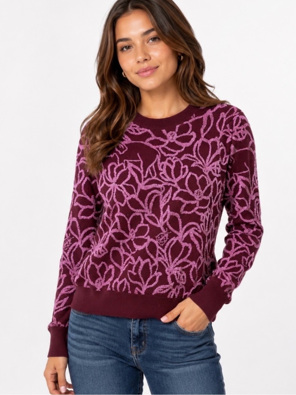 KATE SPADE Floral Scribble Flora Metallic Sweater Jacquard Crewneck Medium